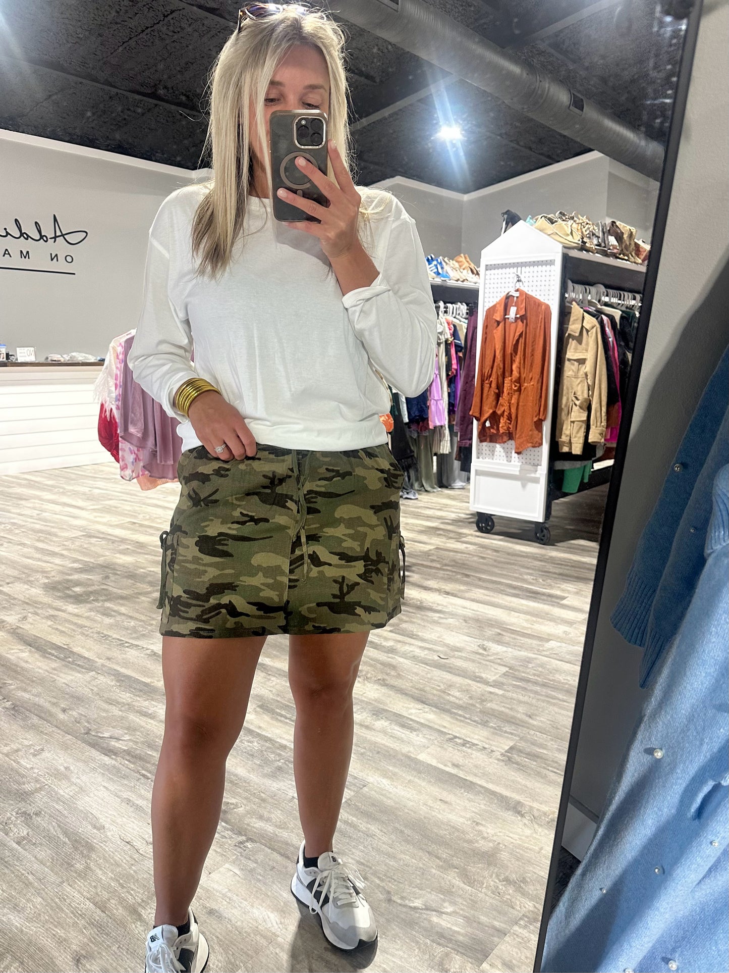 Elastic Waisted Bow Detail Camo Skirt